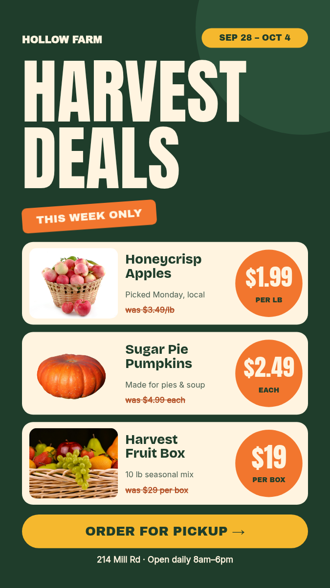 Animated Farmers Market Deals Video 9:16 — Forest & Pumpkin