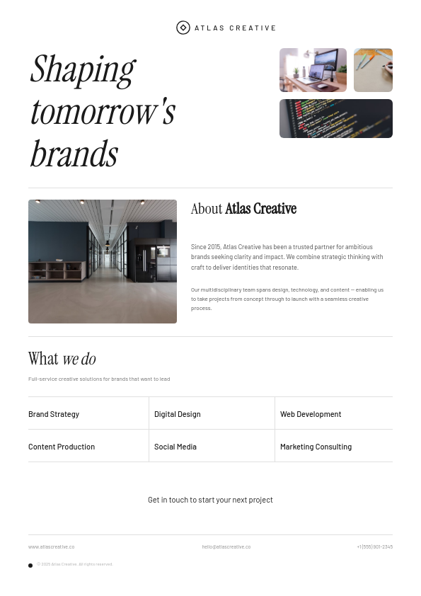 Clean White Agency Profile Page with Serif Italic Headline and Services Grid