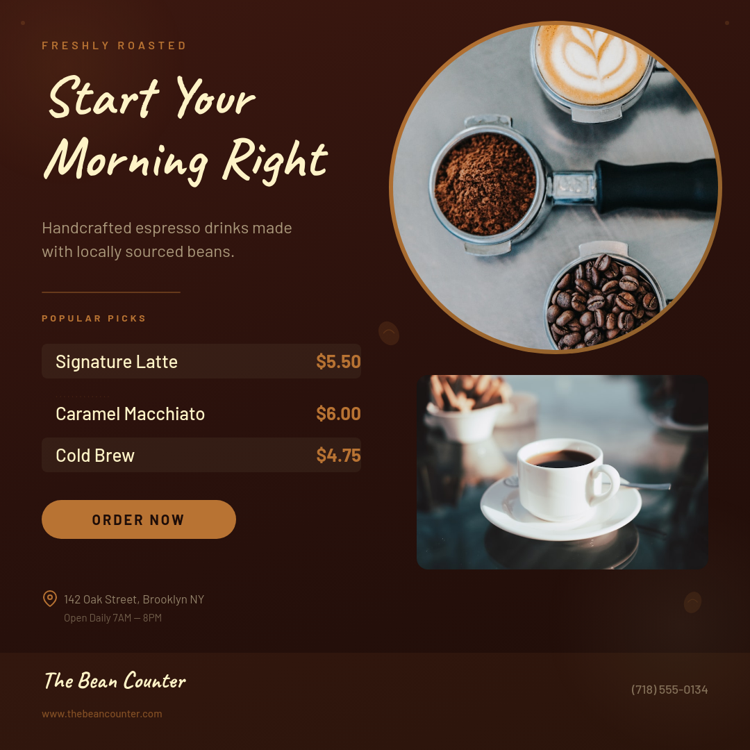 Rustic Coffee Shop Promo with Handwritten Headline and Latte Art Hero Photo
