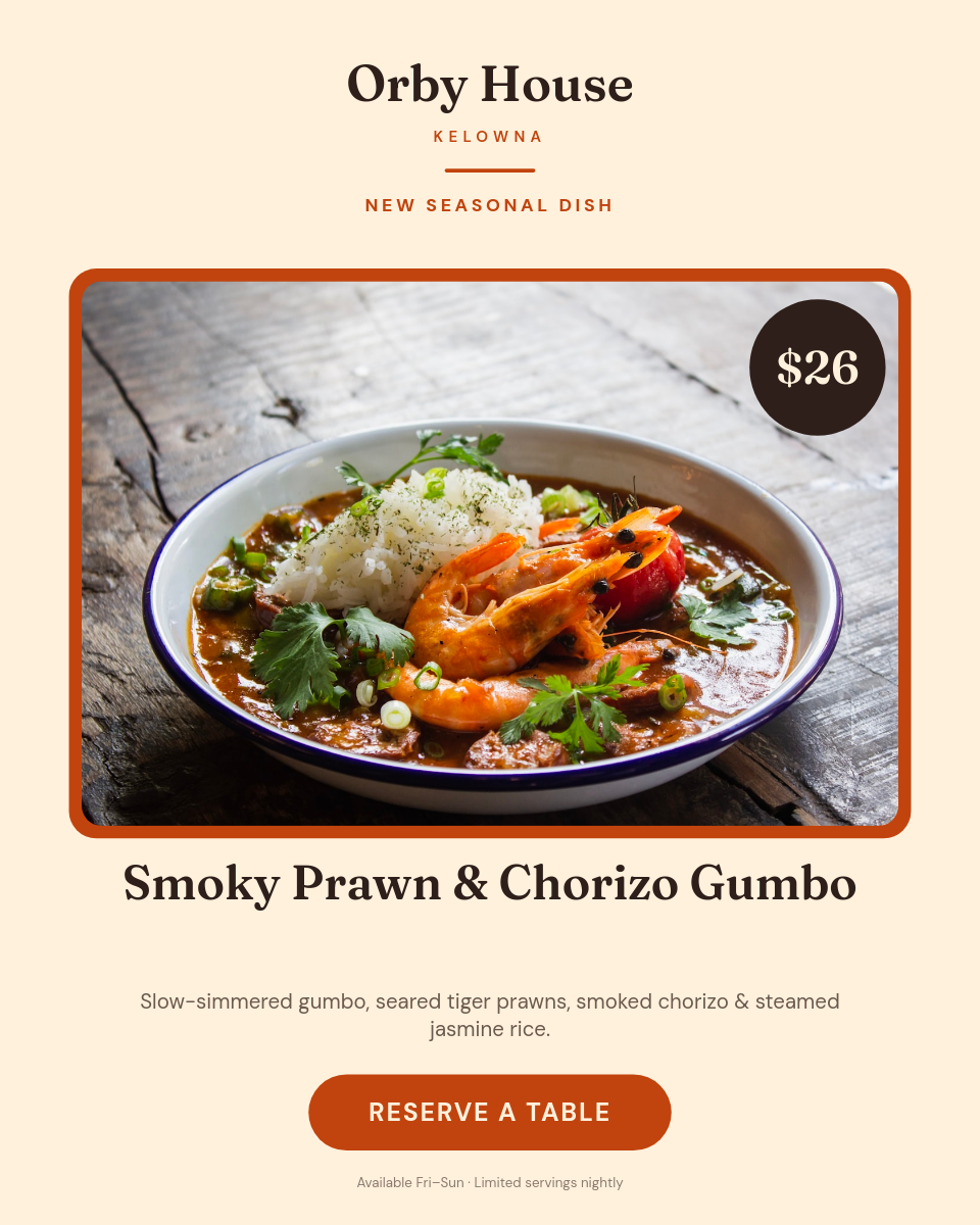 Warm Rustic Seasonal Dish Menu Card — Serif Hero with Price Badge