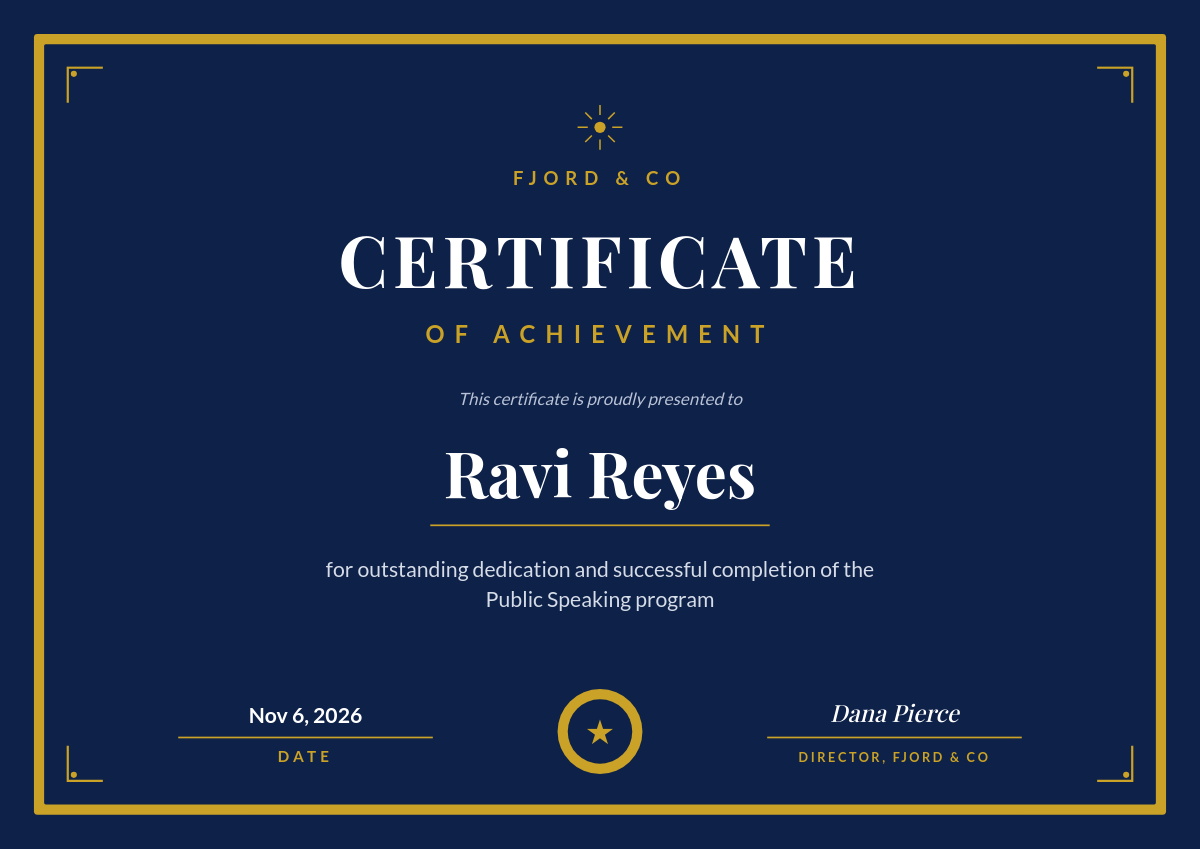 Certificate of Achievement — Navy & Gold Formal Award