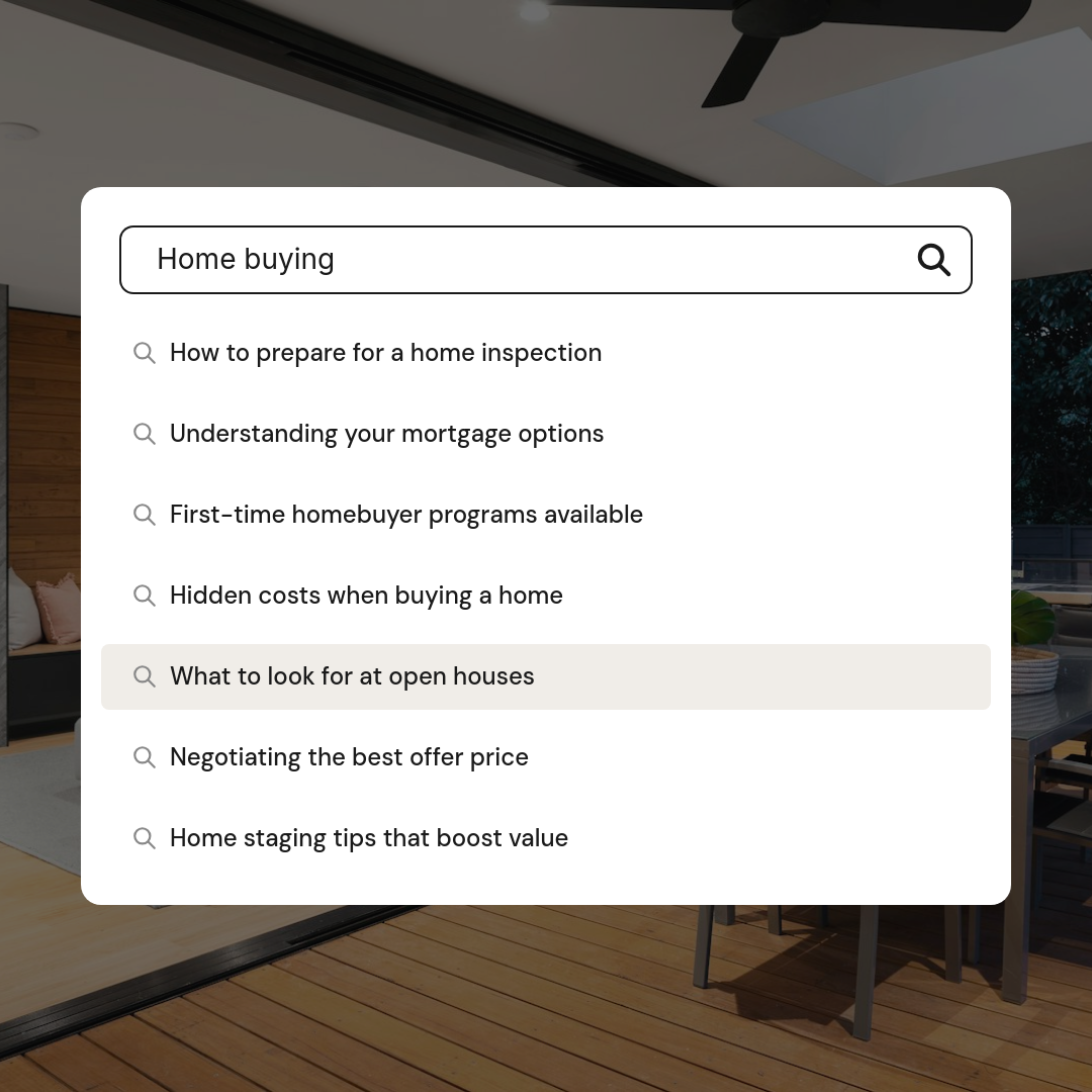 Search Bar FAQ Overlay on Dark Kitchen Interior with Suggestion Rows
