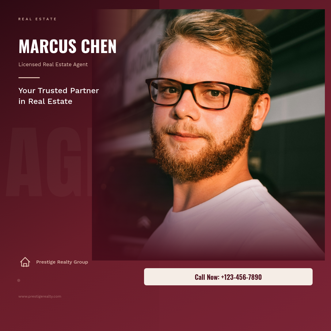 Bold Burgundy Real Estate Agent Profile Card with Giant Condensed Headline and Contact Bar