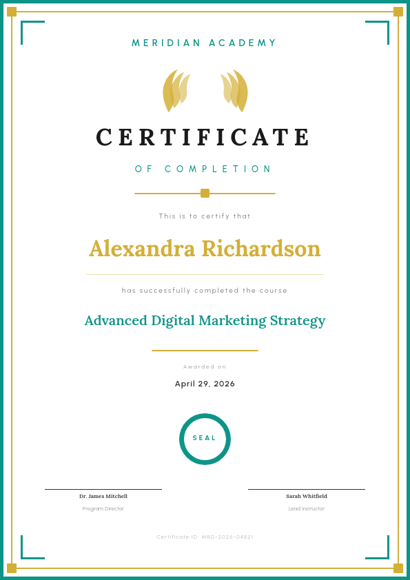 Course Completion Certificate — Teal & Gold Geometric Border