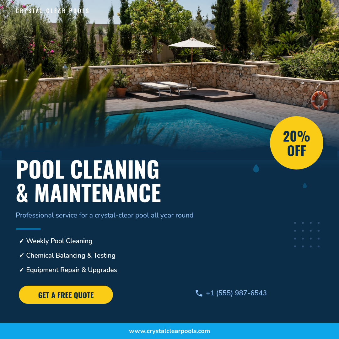Bold Blue Pool Cleaning Service Promo with Wave Accent and Feature Checklist