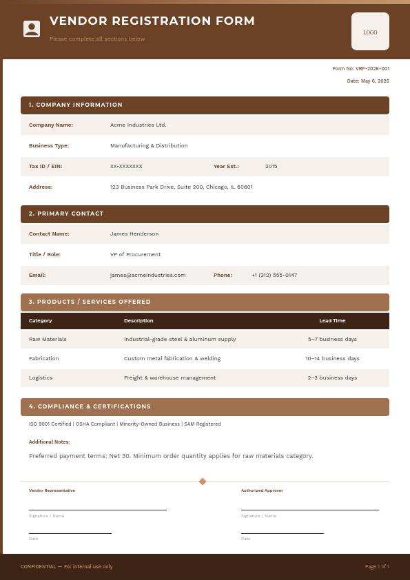 Professional Vendor Registration Form with Warm Brown Headers and Structured Sections