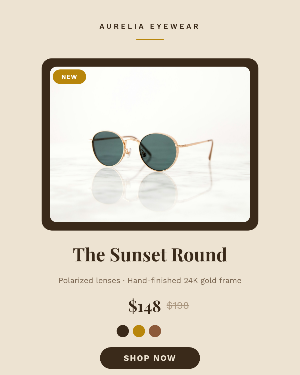 Warm Sand Editorial Eyewear Product Card with Gold Accents