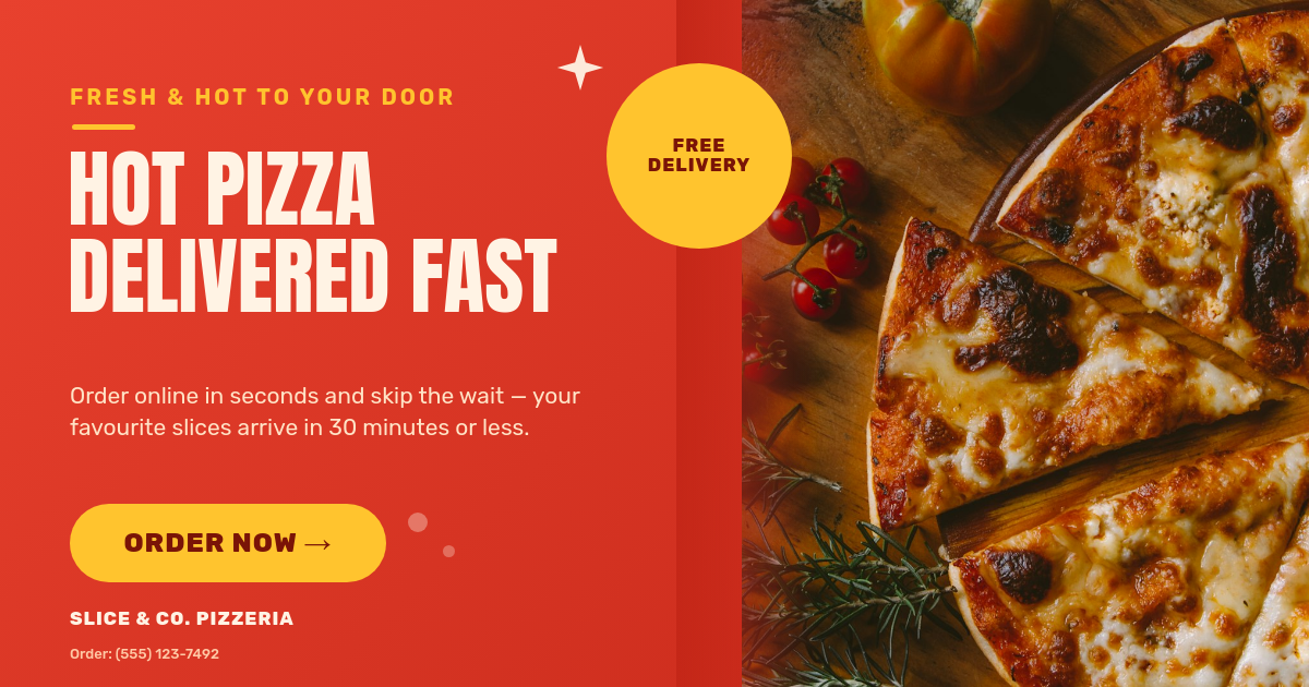 Bold Red Pizza Delivery Promo Banner with Free Delivery Badge