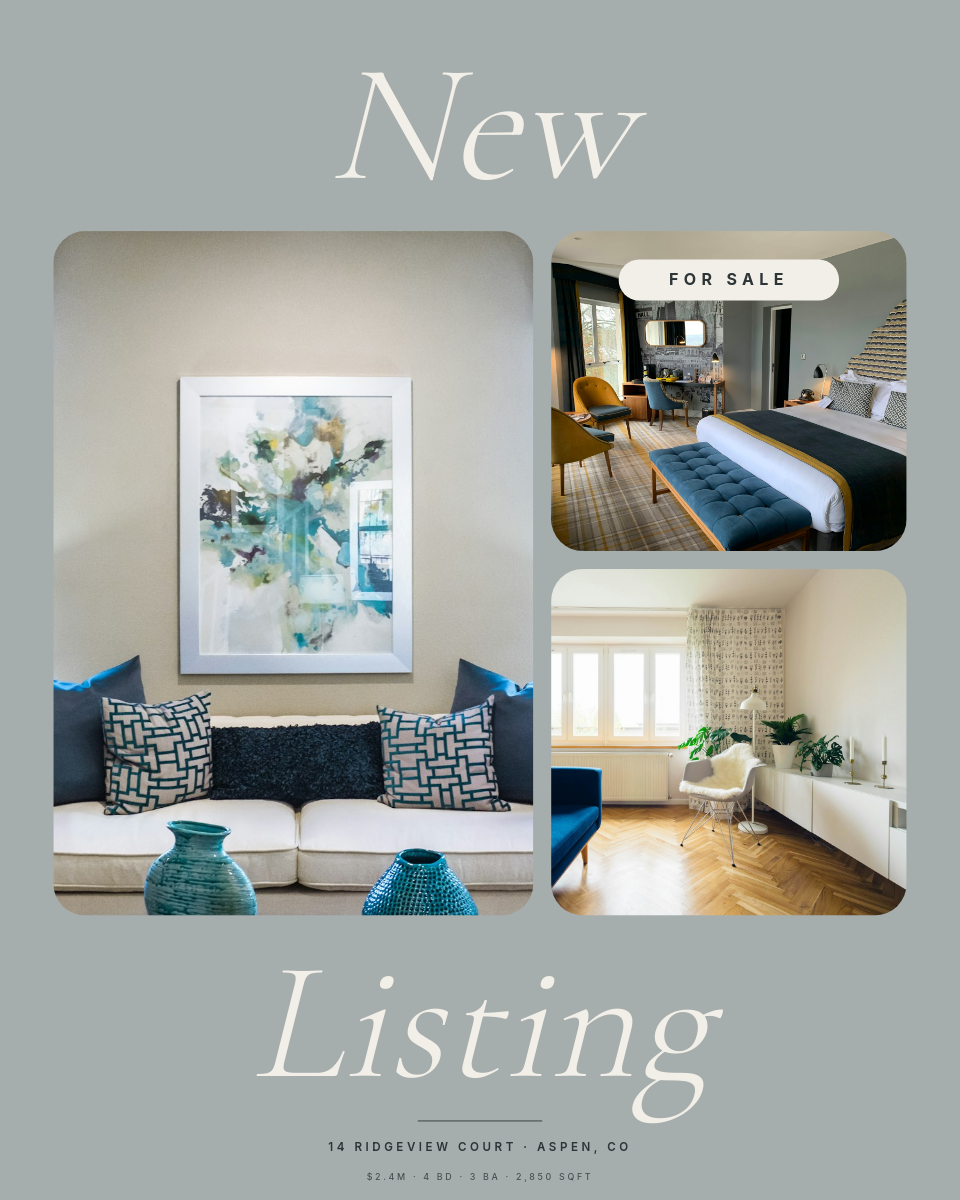 Muted Sage Blue Grey New Listing Editorial Real Estate Instagram Post 4:5 with Cormorant Garamond Italic Giant Serif Wrap, Three Photo Asymmetric Rounded Collage, For Sale Cream Pill and Slate Property Detail Footer