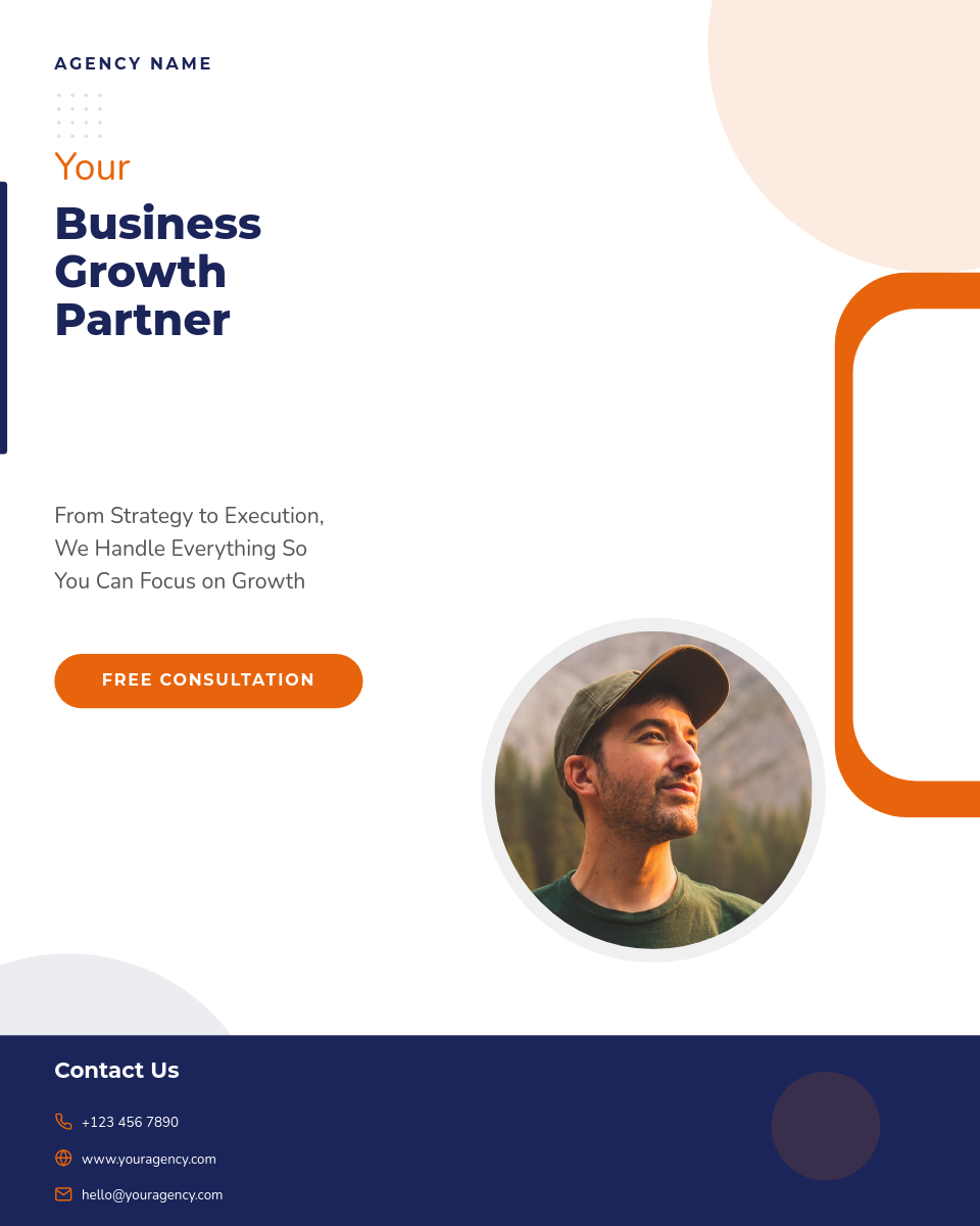 Bold Navy and Orange Professional Service Agency Ad with Curved Accent Shapes and Circular Headshot
