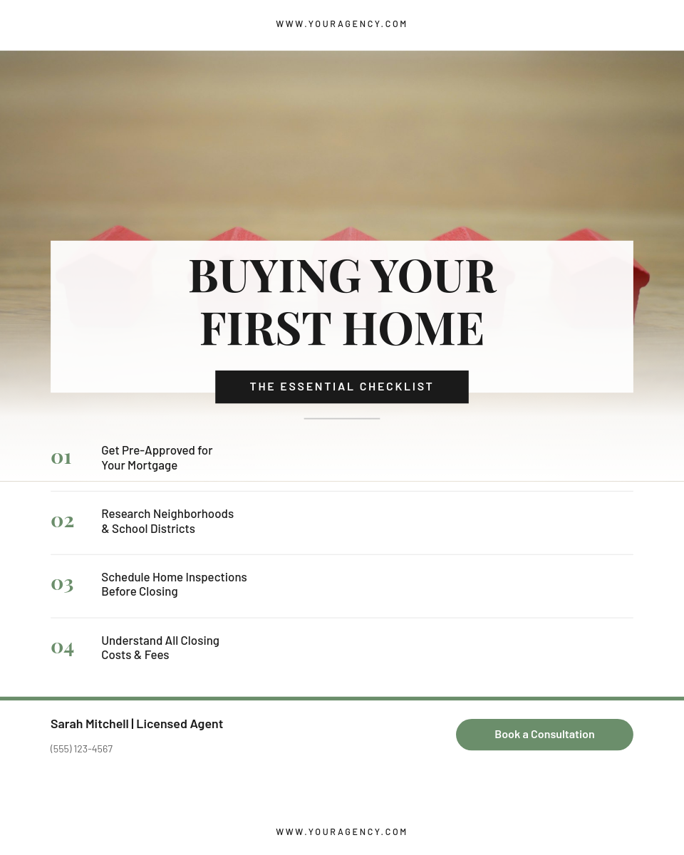 Clean White First-Time Homebuyer Guide with Serif Headline and Lifestyle Photo Overlay