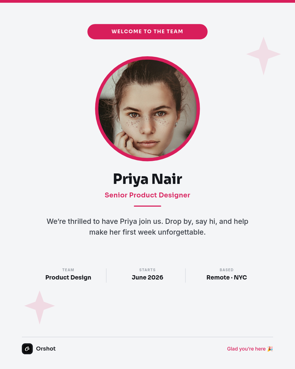 Cool-Light & Raspberry Welcome New Team Member Card — Bold Sora Name, Ringed Headshot & Meta Row
