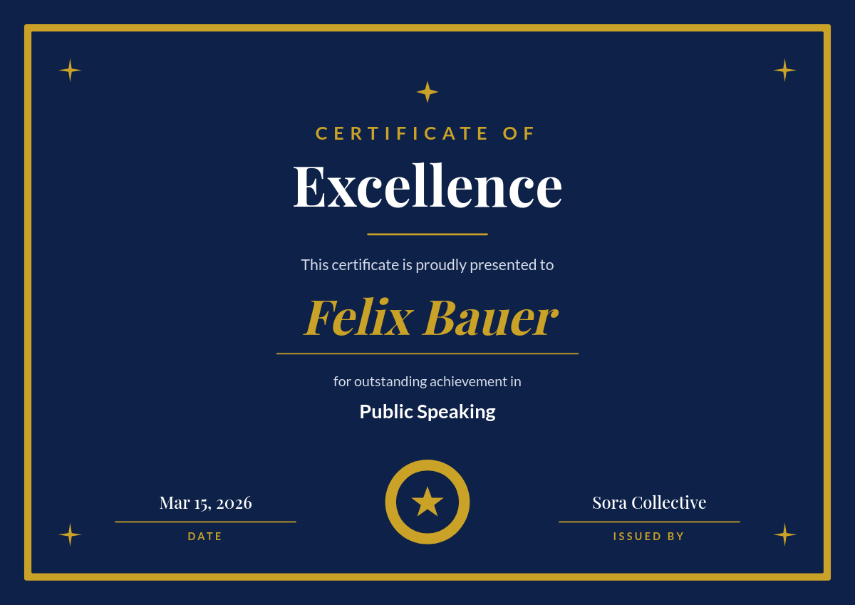 Navy & Gold Certificate of Excellence — Formal Serif with Seal