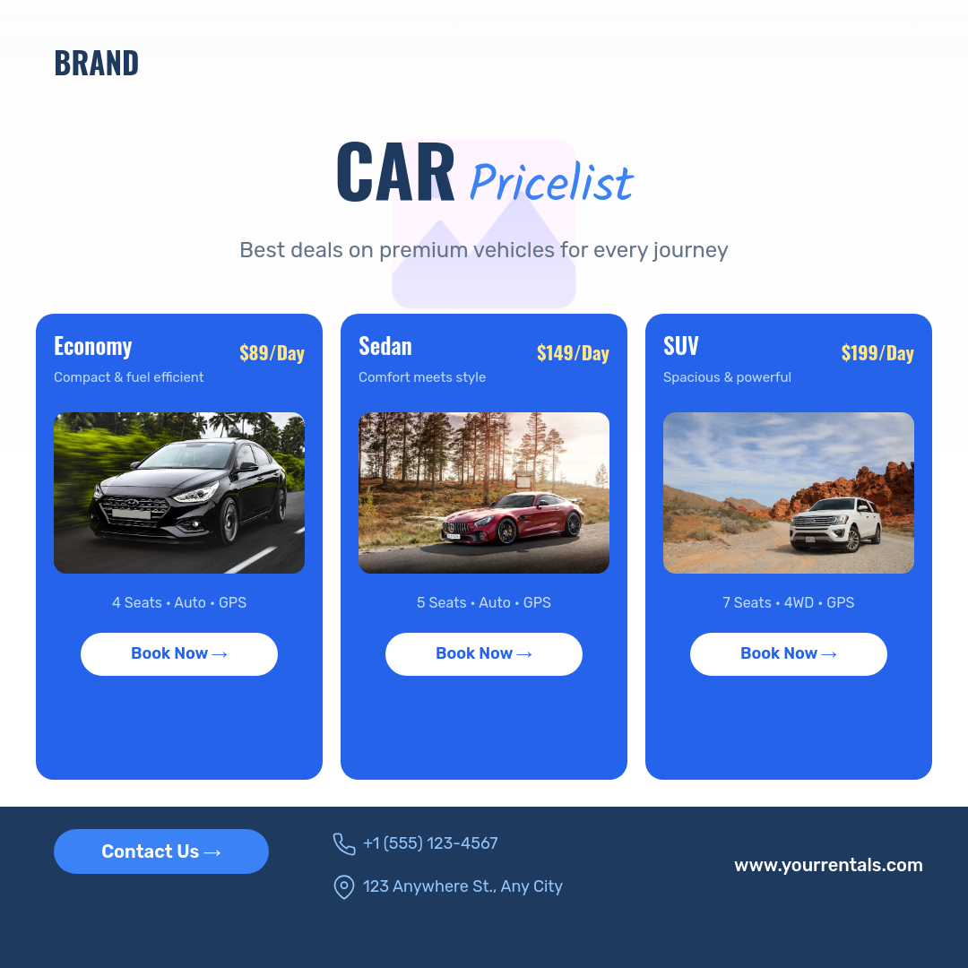 Blue Car Rental Price List with 3 Vehicle Cards and Driving Hero Background