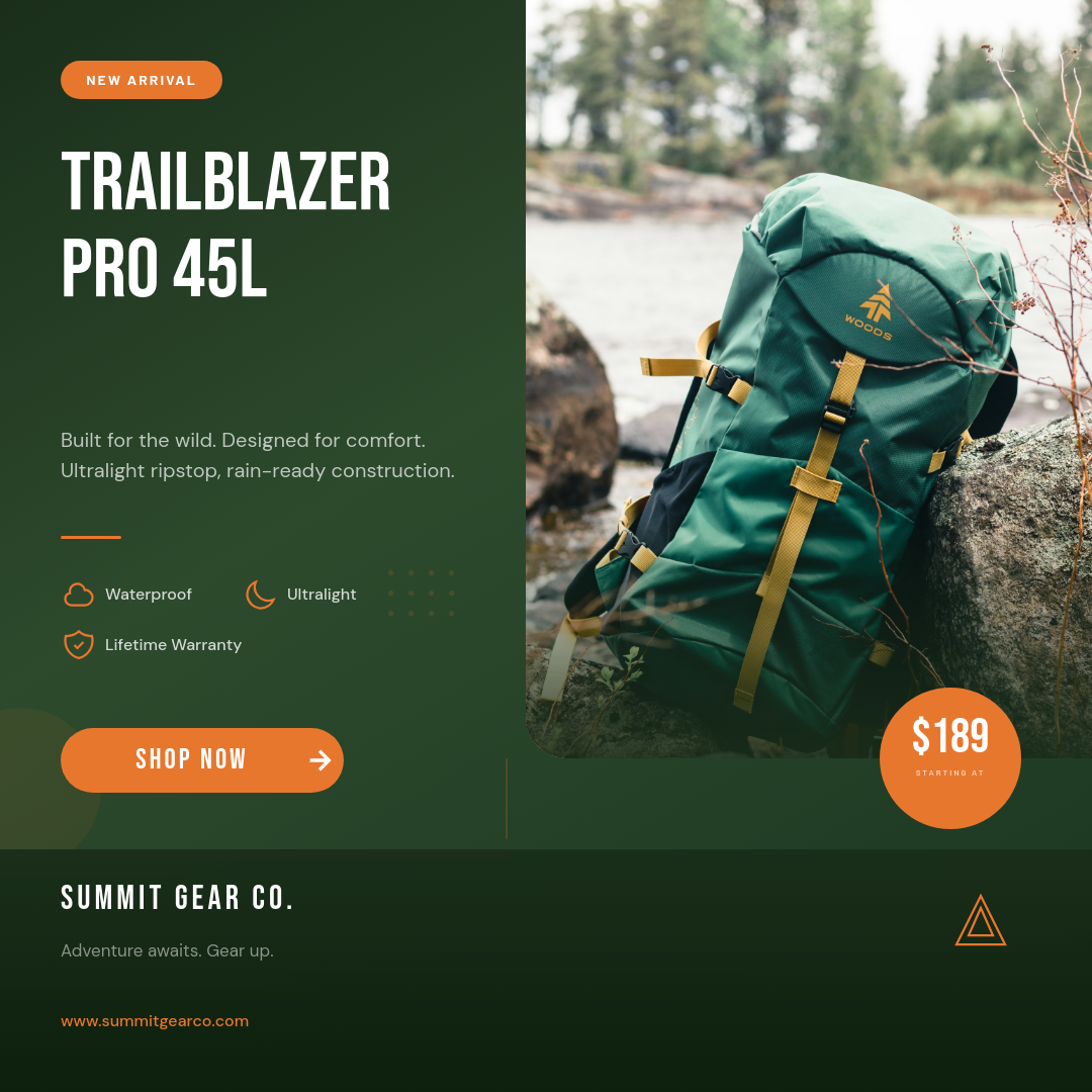 Bold Forest Green Hiking Backpack Product Ad with Nature Photo and Orange Accent