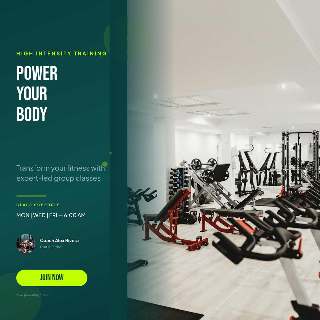Deep Teal Fitness Class Promo with Condensed Headline and Neon Lime Accents