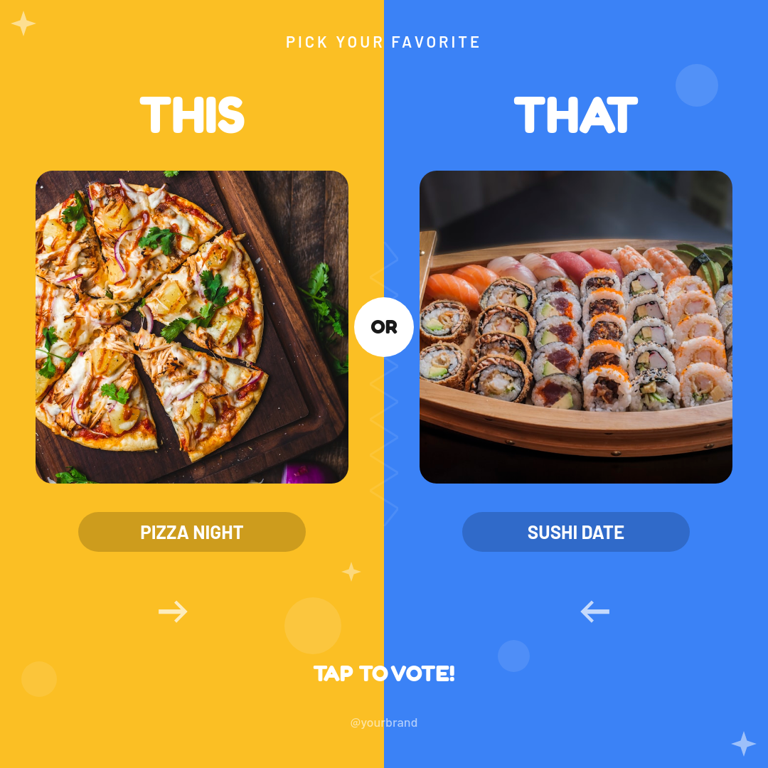 Bright Split This or That Food Poll with Arrow Icons and Sparkle Accents