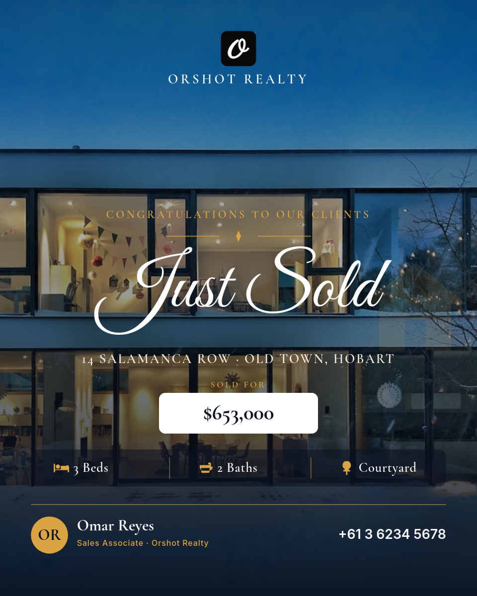 Dusk Photo Just Sold Real-Estate Flyer — Great Vibes Script, Gold Spec Row & Agent Footer