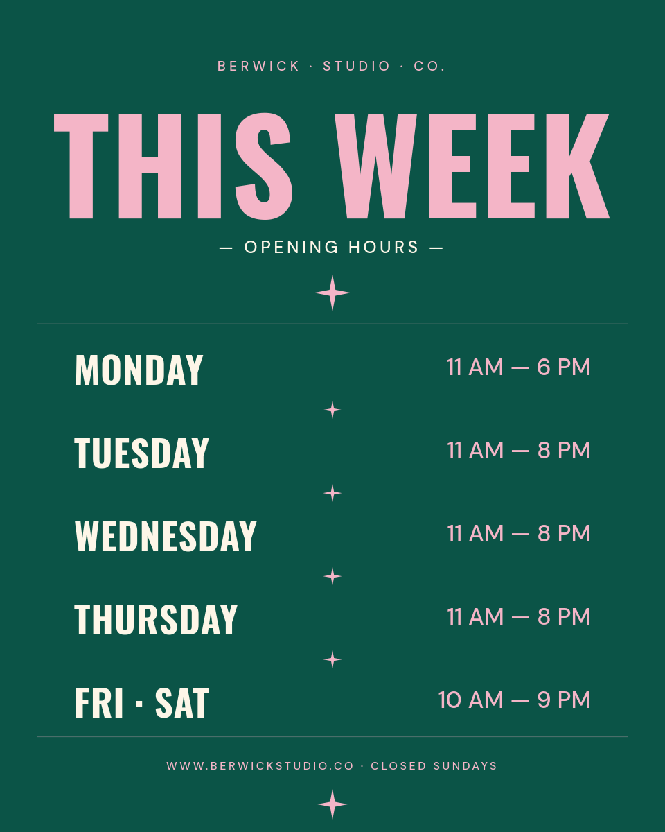 Deep Emerald and Pastel Pink This Week Studio Hours Instagram Post 4:5 with Oswald Giant Display Headline Sparkle Star Dividers Five Day Rows and Cream Hour Times