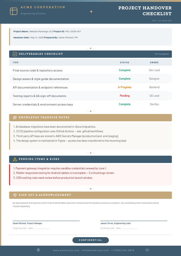 Clean Slate Gray Project Handover Checklist with Structured Sections and Sign-Off