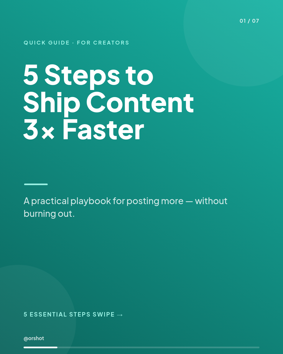 Teal-Gradient 5-Step Content Carousel — Plus Jakarta Bold, Number Discs, Pro-Tip Callouts & Progress Bar