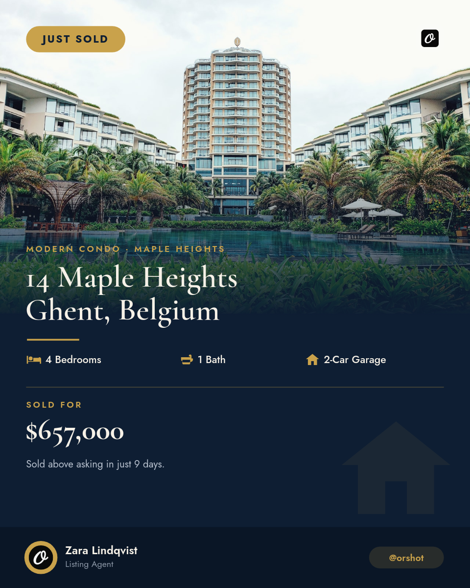 Navy & Gold Just-Sold Luxury Condo Card — Cormorant Serif, Pool Photo Hero & Spec Row
