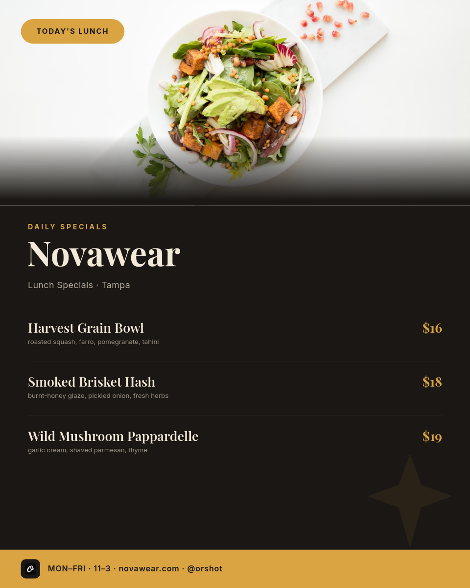 Dark Bistro Daily-Specials Menu — Playfair Serif, Gold Accents, Dish Photo & Price List