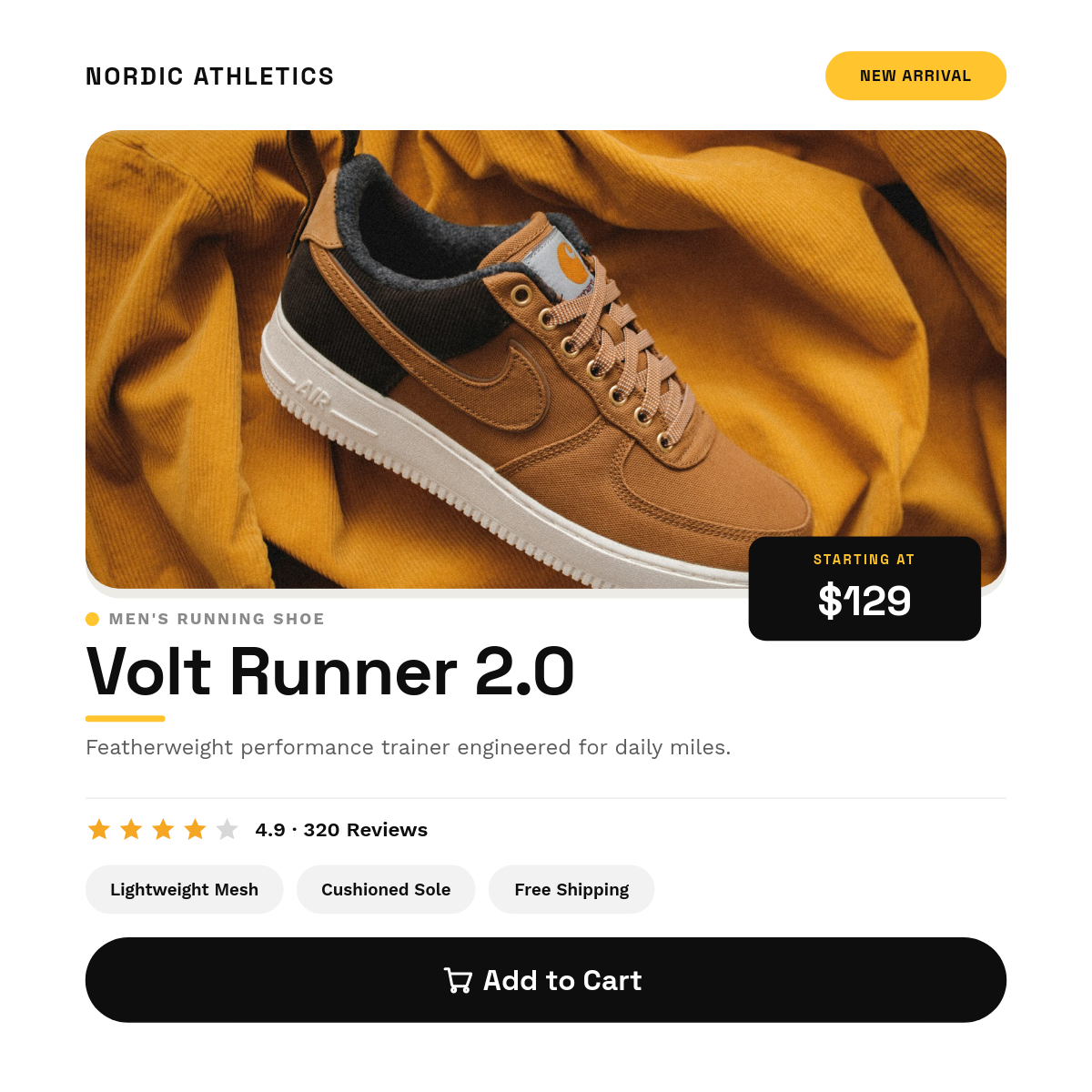 Clean White Sneaker Product Showcase with Price Tag and CTA Button