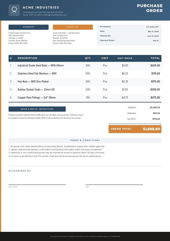 Clean Steel Blue Purchase Order with Structured Vendor Grid and Line Item Table