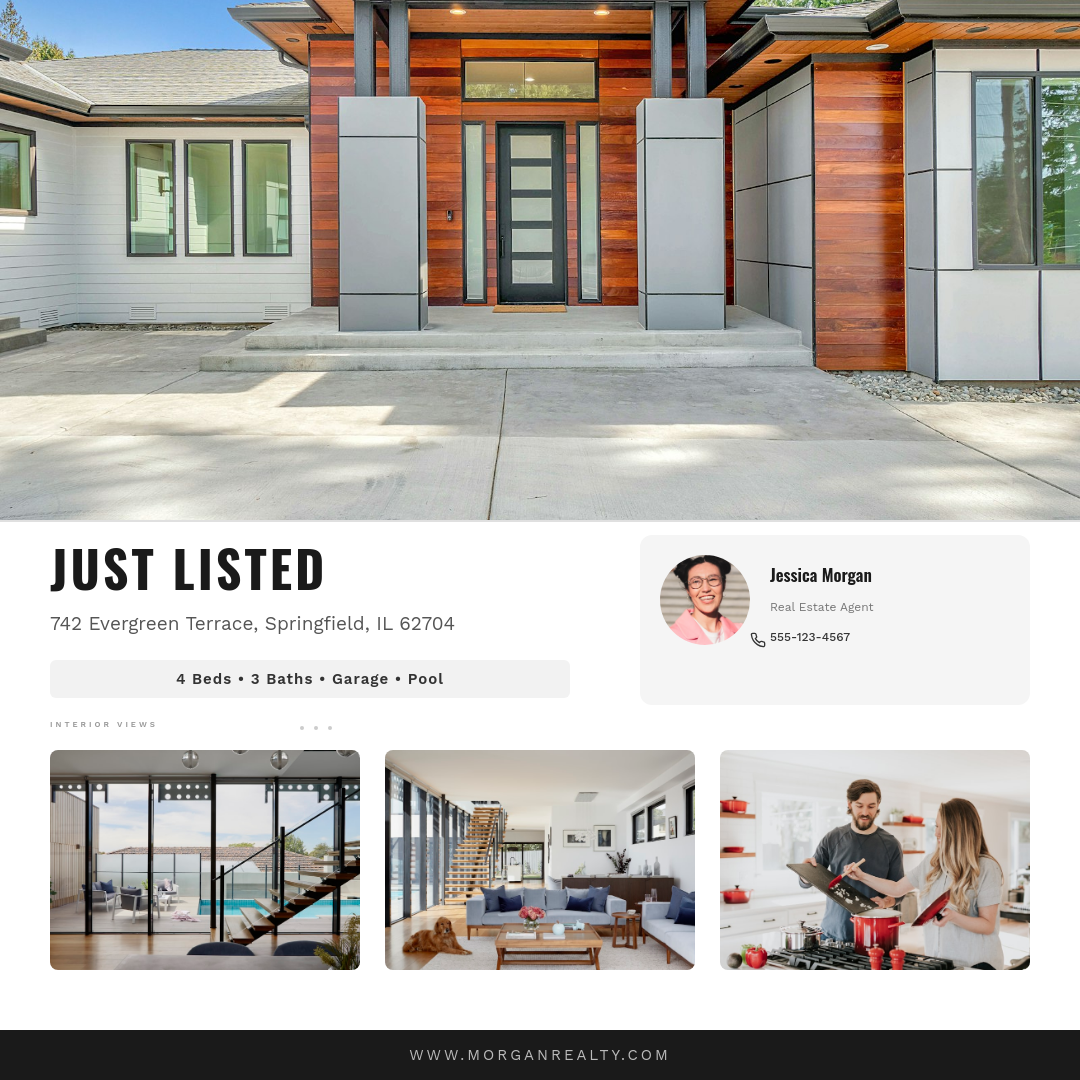 Clean White Just Listed Property Post with Hero Photo Agent Card and Interior Gallery Row