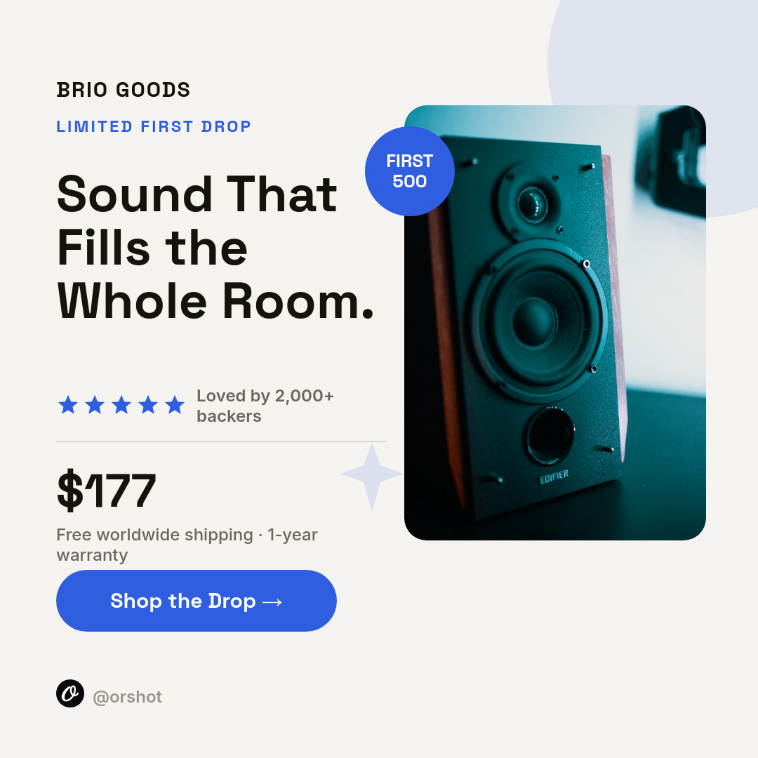 Clean Cobalt Product Spotlight — Space Grotesk Bold, Photo Card & First-Drop Social Proof