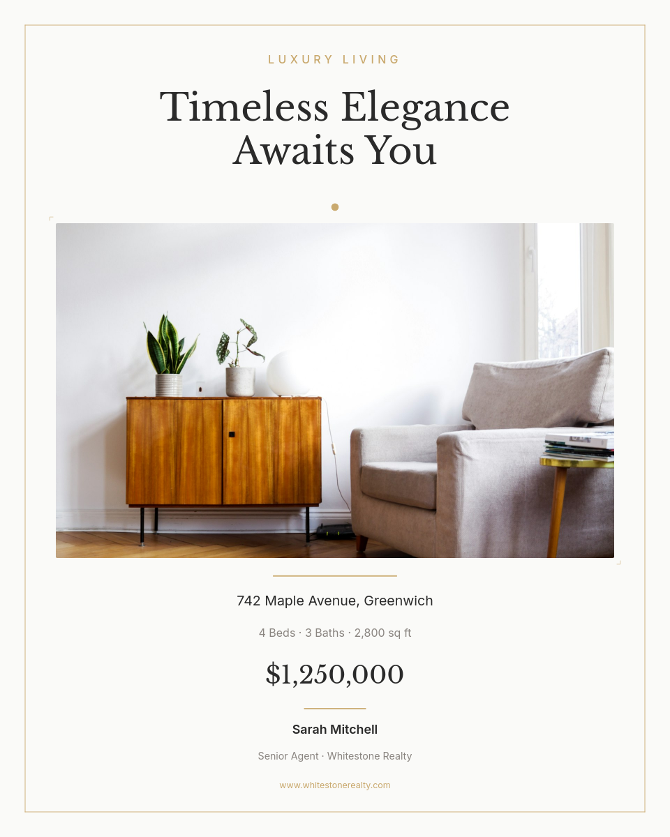 Minimalist Gallery Frame Property Brand Post with Serif Headline and Gold Line Accents