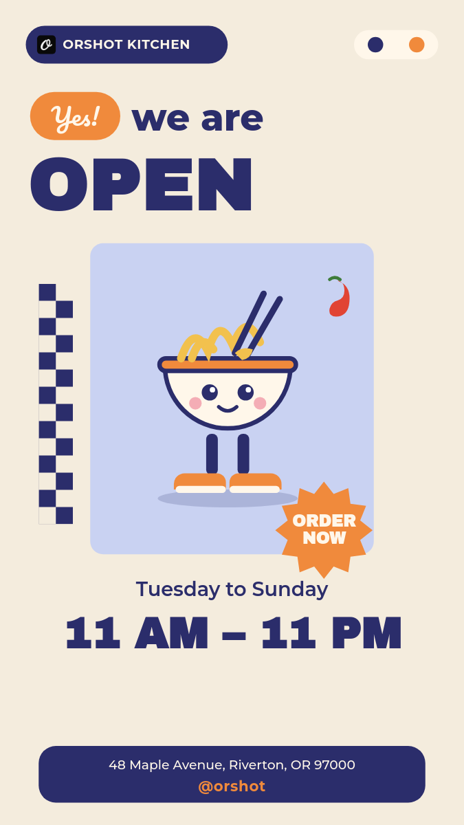Retro Cartoon Mascot "We Are Open" Restaurant Story — Bold Rounded