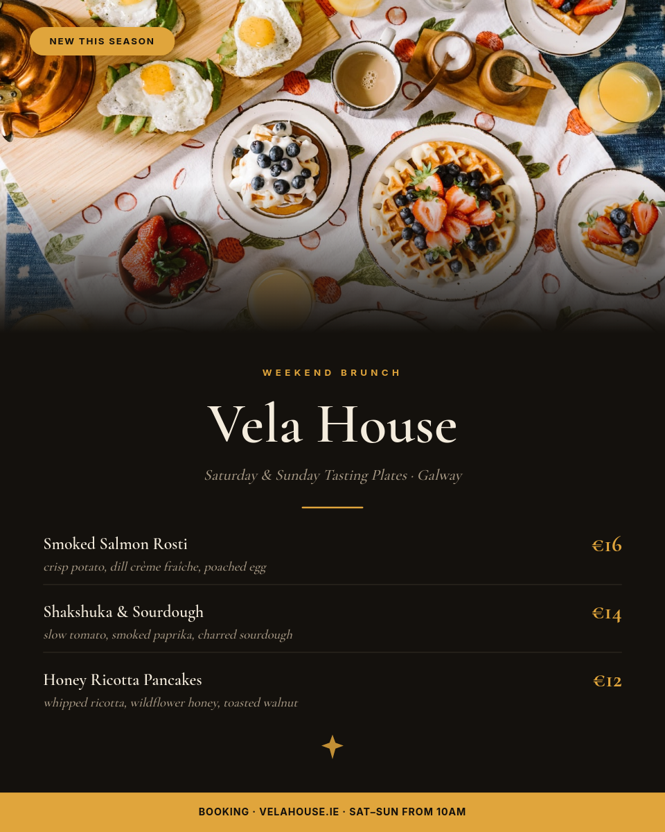 Dark Bistro Weekend Brunch Menu IG Post — Cormorant Serif, Gold Prices & Dish Hero Photo