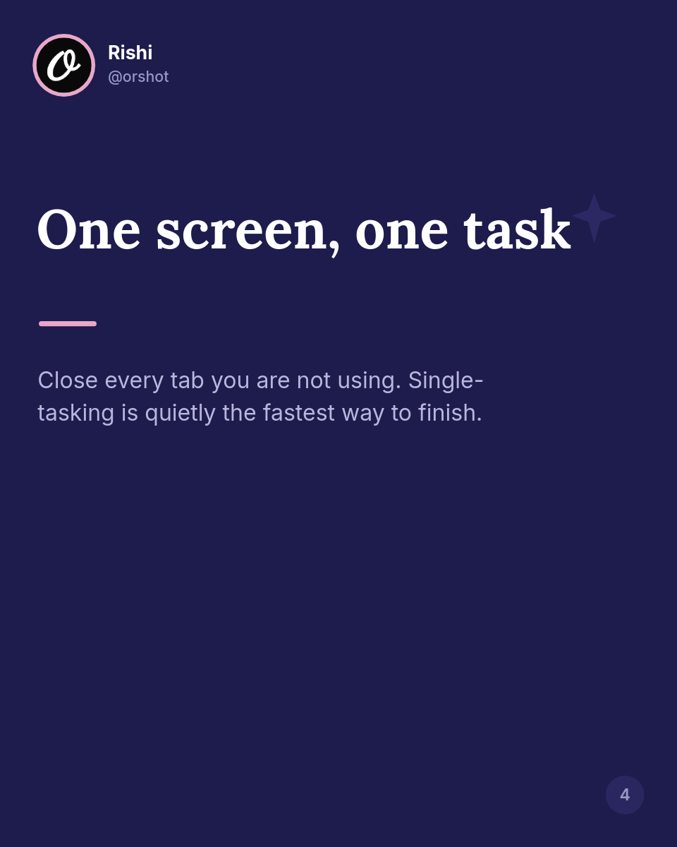 Deep Indigo Tweet-Card Productivity Carousel — Lora Serif Hooks, Pink Avatar Ring & Page Dots - Page 4