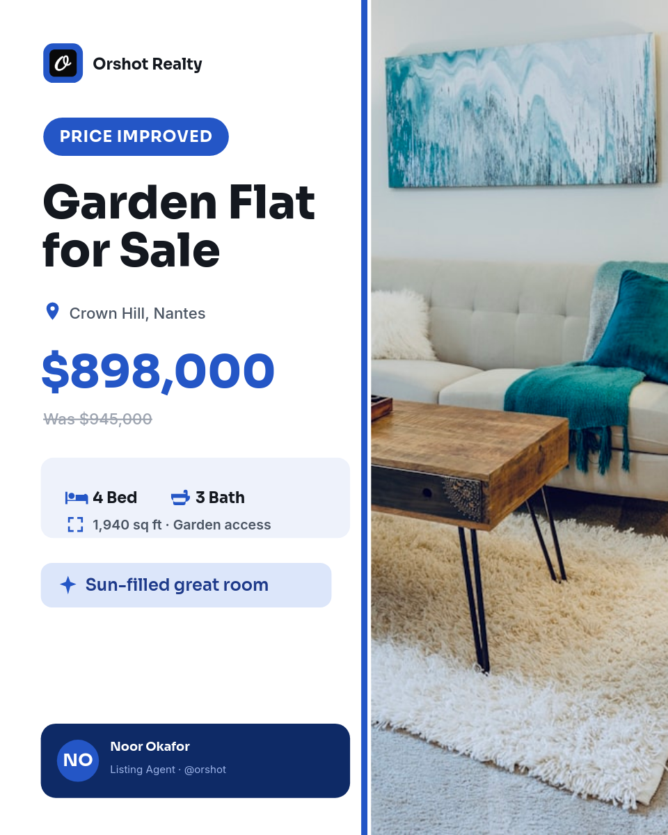 Clean White & Cobalt Price-Improved Real-Estate IG Post — Right Photo Column, Spec Row & Agent Bar