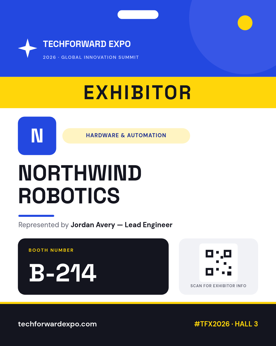 Bold Cobalt & Yellow Exhibitor Event Badge with Booth Number