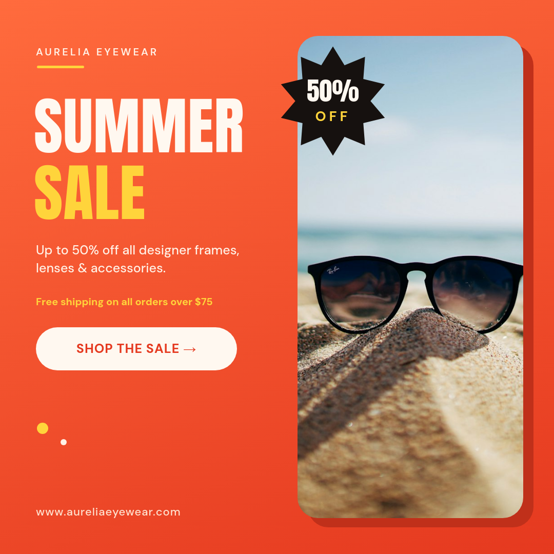 Vibrant Coral Summer Eyewear Sale Square Ad with Starburst Badge