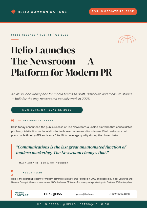 Editorial Press Release A4 with DM Serif Display Headline, Coral Accent Pill, Numbered Section Bars and Dark Teal Footer