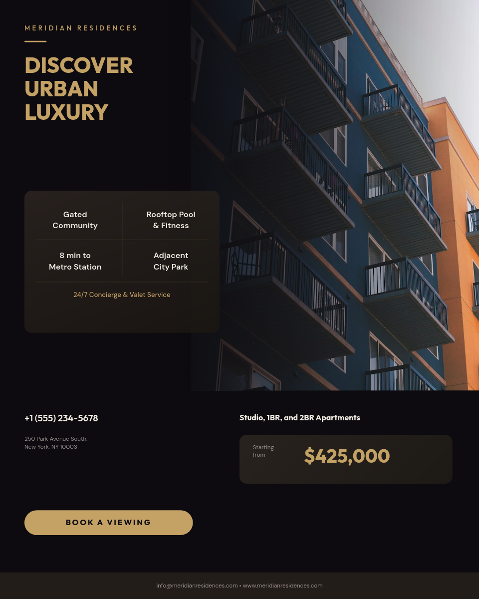 Dark Gold Luxury Condo Tower Listing with Feature Grid and Price Badge