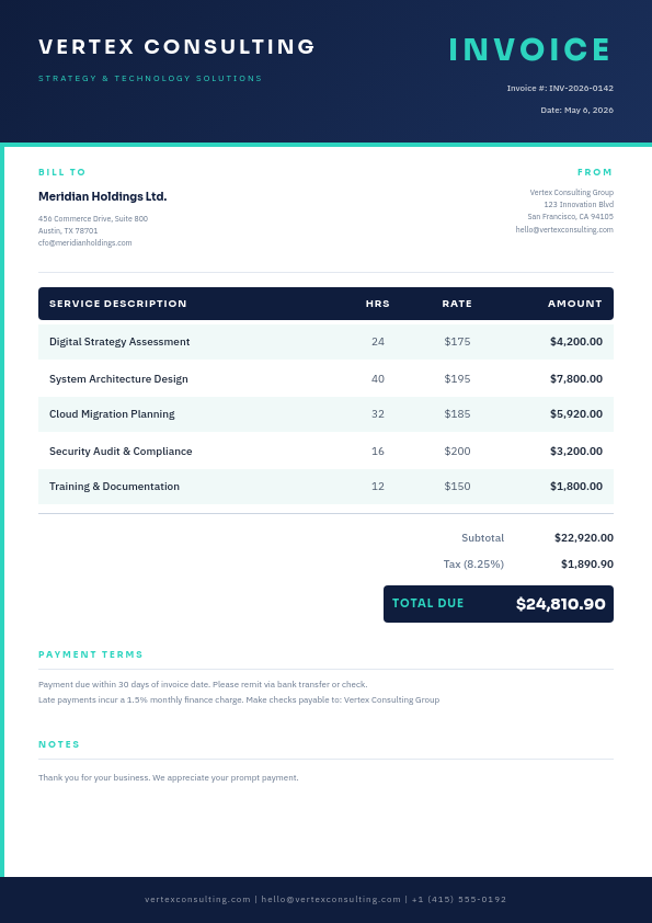 Dark Navy Consulting Invoice with Mint Accent and Services Table