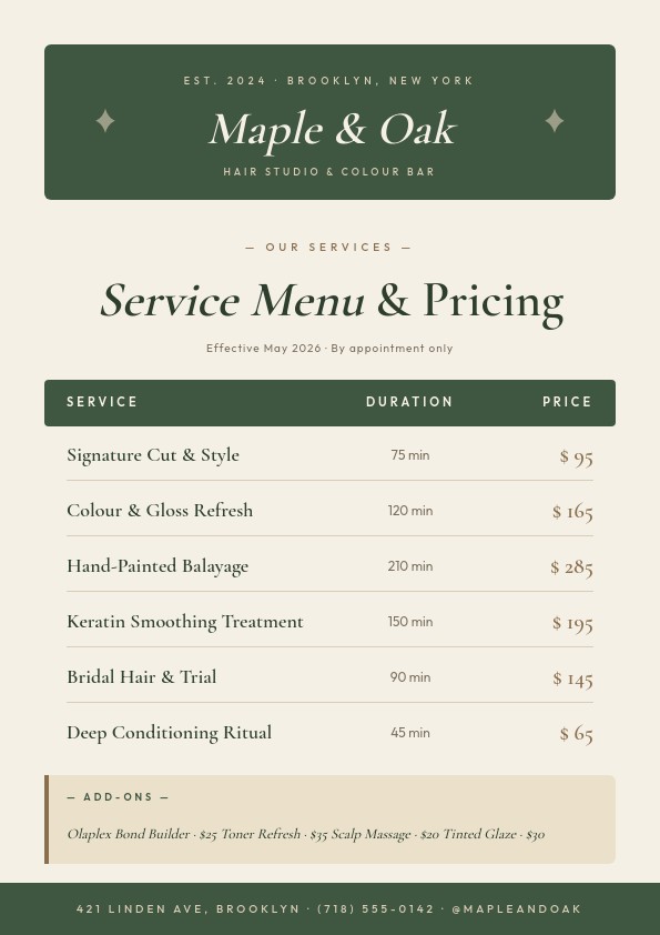 Sage Cream Boutique Hair Salon Service Menu and Pricing Sheet with Editorial Italic Serif Headline