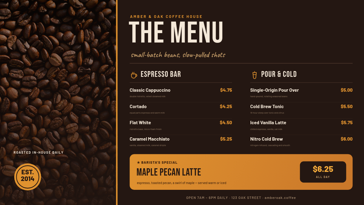 Dark Espresso Coffee House Menu Board with Photo Panel