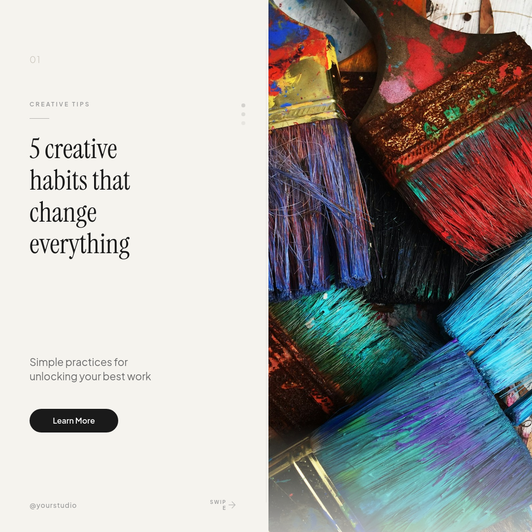 Clean Editorial Split Creative Workshop Ad with Serif Headline and Lifestyle Photo
