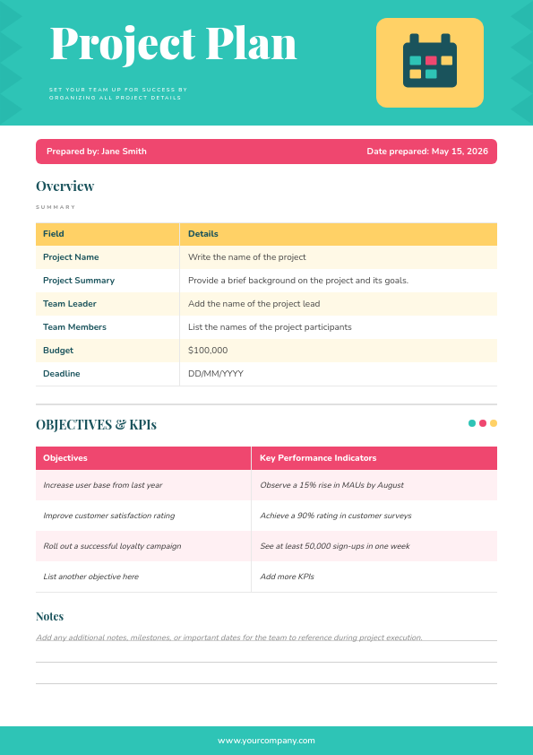 Colorful Project Plan with Summary Table and KPI Tracker