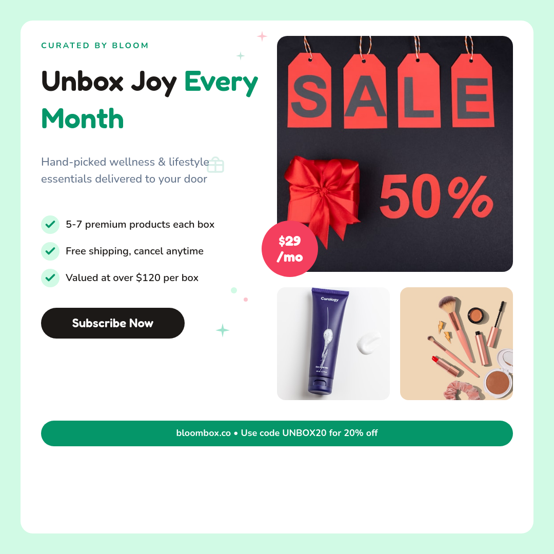 Playful Mint Subscription Box Unboxing Ad with Flat-Lay Photo and Check Icons