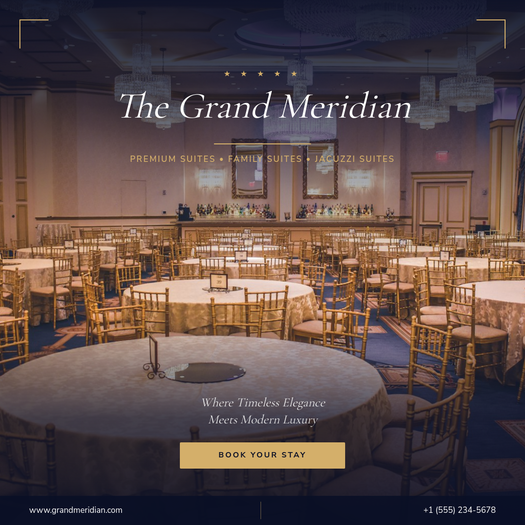 Dark Night Sky Luxury Hotel Booking Ad with Script Headline and Suite Categories