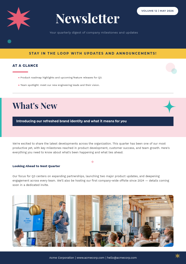 Company Newsletter with Colorful Section Blocks and Team Photo