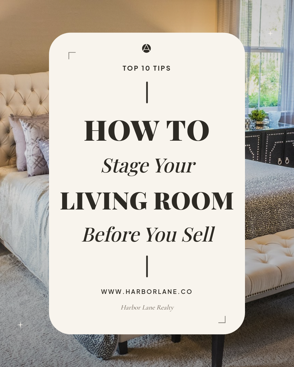 Editorial Cream Tag Overlay Living Room Staging Tips Real Estate Post with Mixed Serif Italic Bold Headline