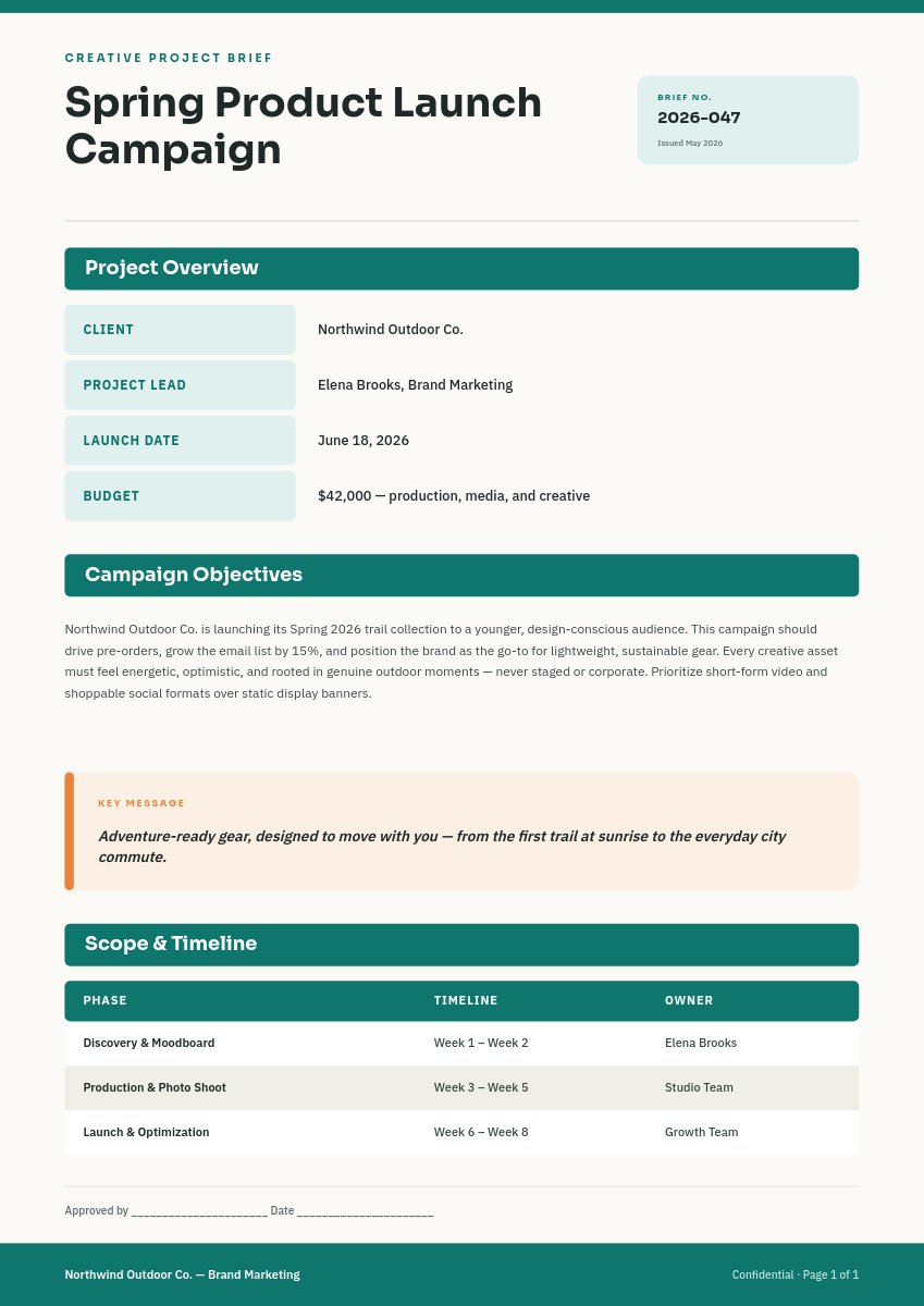 Teal Creative Project Brief Document with Phase Timeline Table